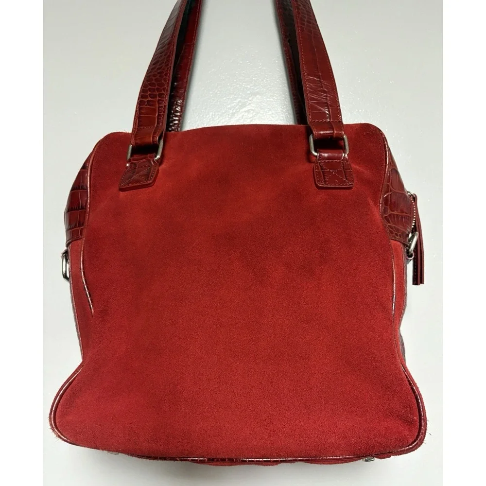 Levenger‎ Suede Leather Shoulder Bag Tote Buckle Red Square Croc Top Zip Purse